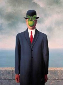 Renè Magritte, Menschensohn (Le fils de l'homme, son-of-man) neben Michael O'Briens Trump-Portrat aus dem Jahr 1989